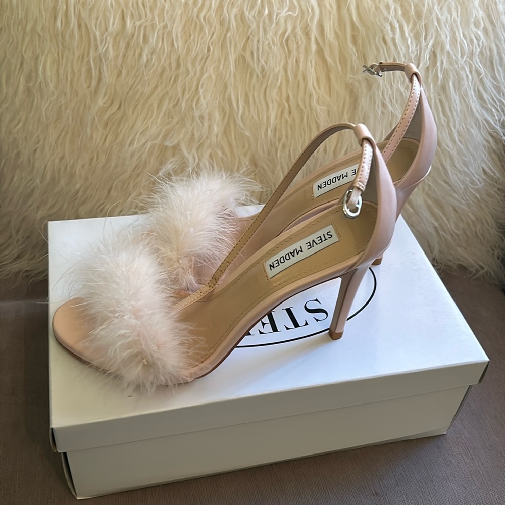 Pink faux fur heels